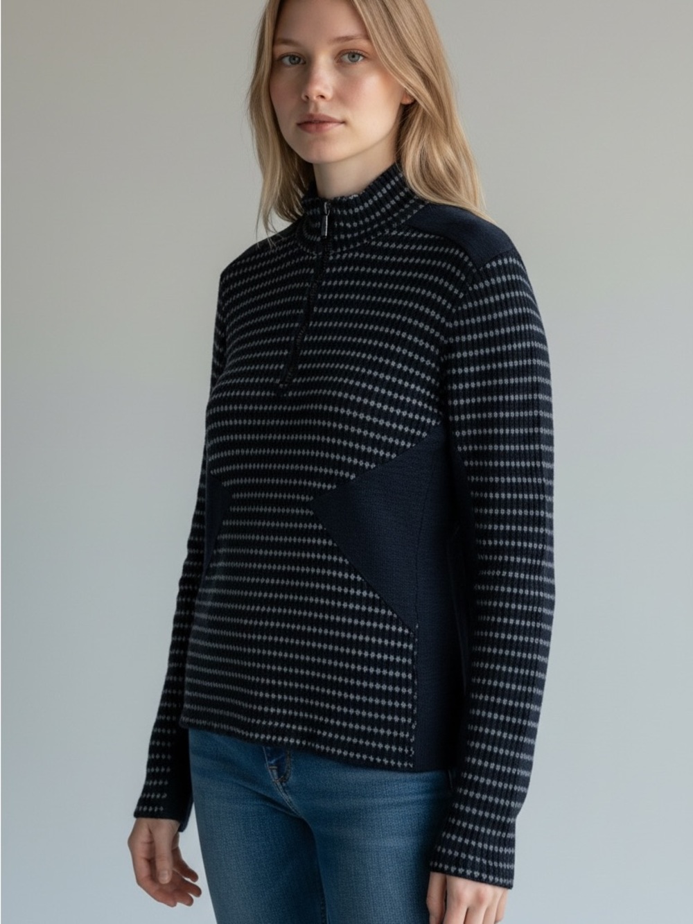 We Norwegians 1/4 zip Merino Wool Geometric Print Sweater Women Size L